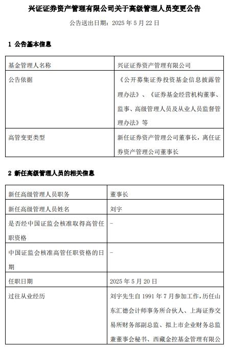 配资门户网平台官网 兴证资管董事长孙国雄离任 刘宇接任董事长职务